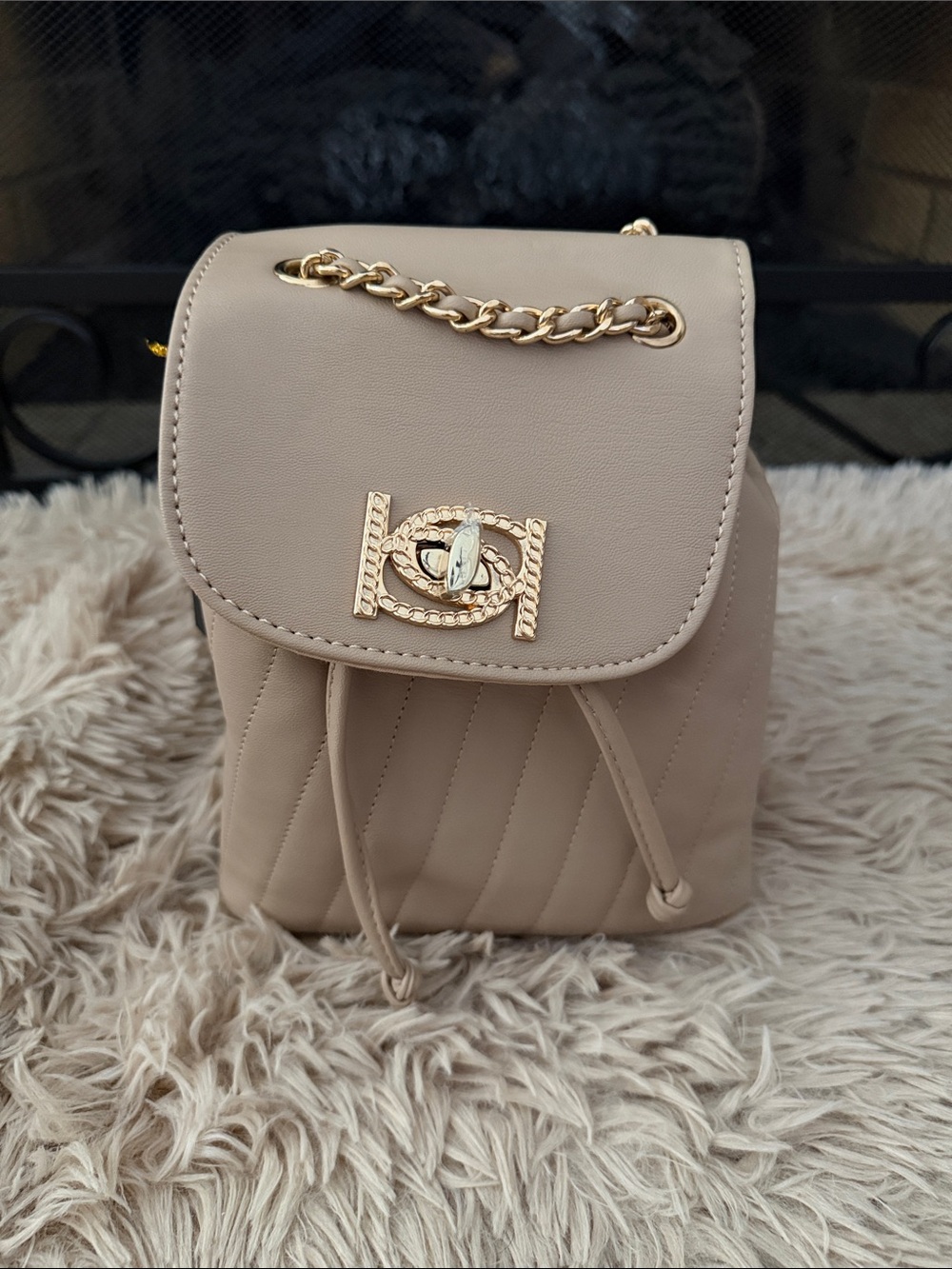 Quilted Mini Backpack in Taupe with Gold Hardware